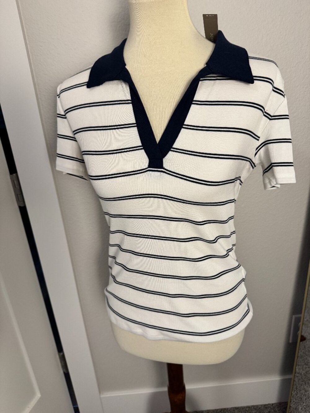 J.Crew NWT Perfect Rib Johnny Collar Top Navy White Stripe Medium M
